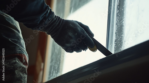 Obraz na płótnie Hand in Glove Using Tool on Window Frame w salonie