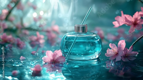 Refreshing fragrance in serene setting with cherry blossoms and tranquil waters, evoking earth's natural beauty and consciousness
