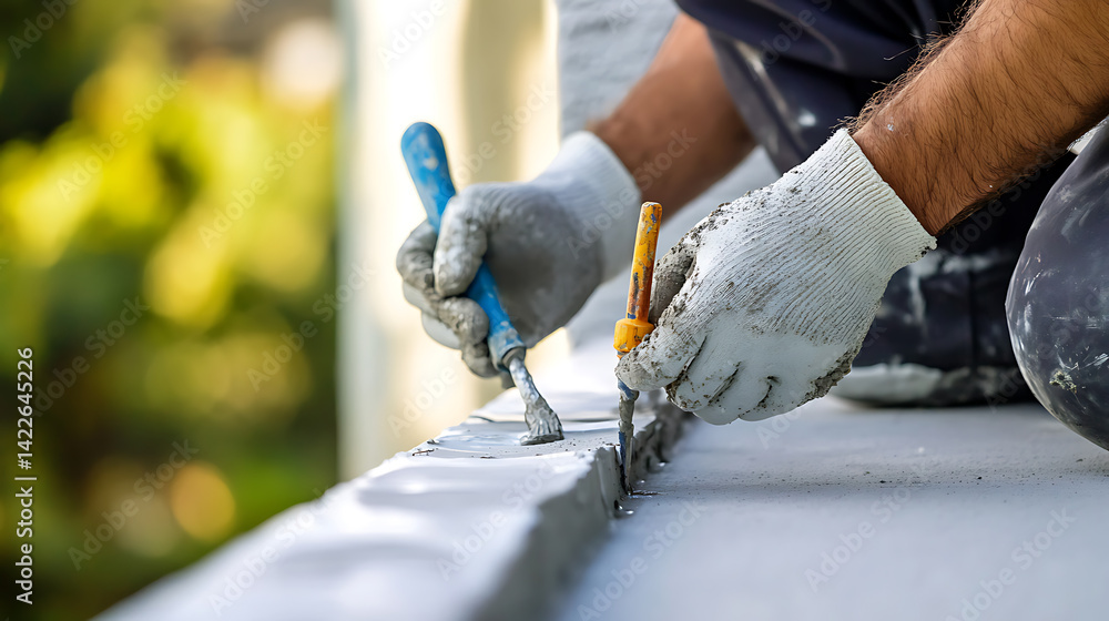 Worker Applying Caulk to Concrete Surface