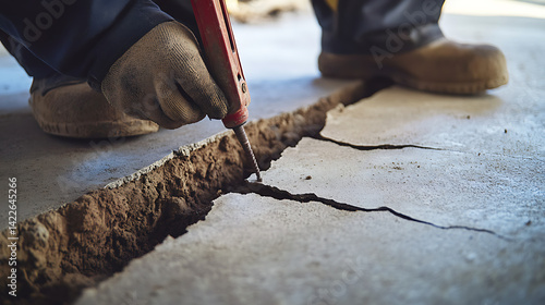 Obraz na płótnie Worker Using Tool to Repair Concrete Crack w salonie