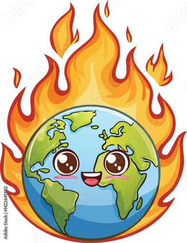 Kawaii Cartoon Earth on Fire with Happy Expression for Environmental Awareness and Global Warming Prevention Concept Illustration Graphic Element