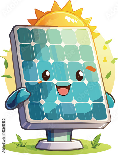 Cute Kawaii Solar Panel Character with Smiling Face on Green Grass in Bright Sun Illustration for Education Book and Decoration, Ideal for Earth Day and Sustainable Events