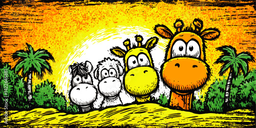 Adorable Vector Illustration of Cartoon Safari Animals with Giraffe Zebra Monkey in Vibrant Jungle Landscape with Bright Sunset for Childrens Books Posters Graphics Cards