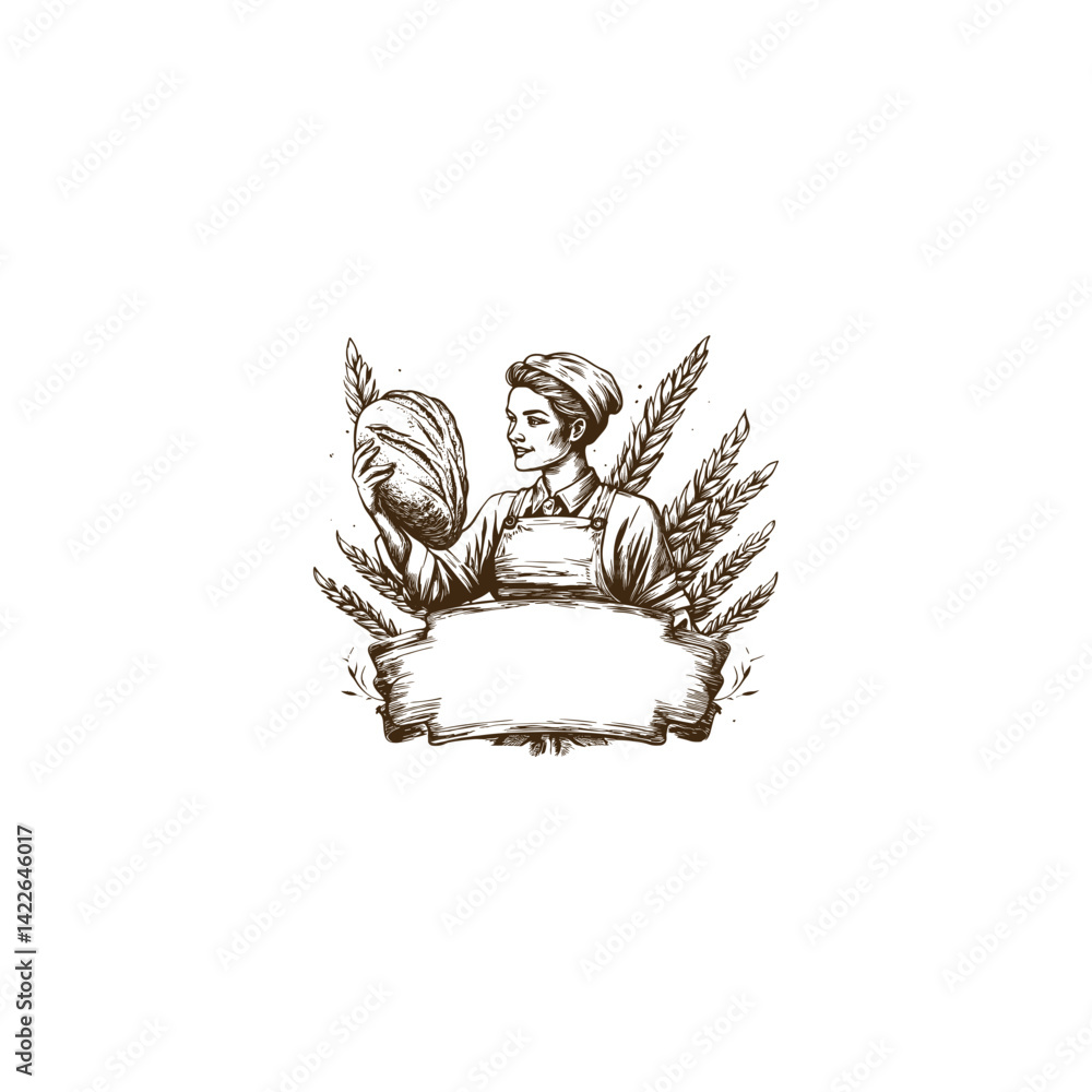 Obraz premium Woman baker engraving design vector template illustration