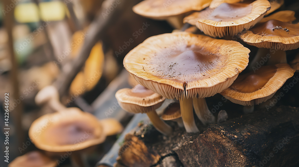 Cluster of Mushrooms Growing on a Log