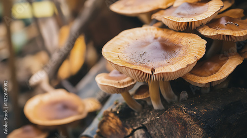 Obraz na płótnie Cluster of Mushrooms Growing on a Log w salonie