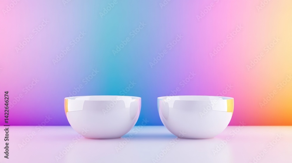 Fototapeta premium Two empty white bowls against a vibrant rainbow gradient background