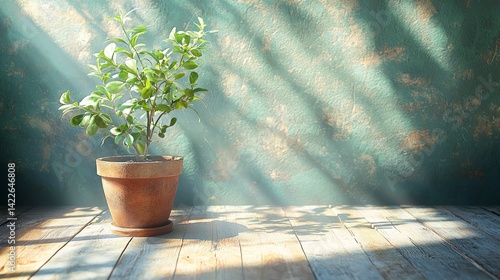 Realistic Environmentally Friendly Flooring with Potted Plant in Sunlit Room
