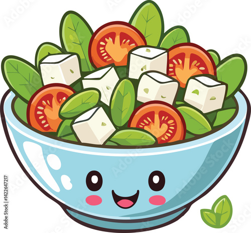 Playful Kawaii Greek Salad Bowl Vector Illustration with Spinach Tomato and Feta Cheese Featuring Adorable Smiling Face Isolated on White Background Suitable for Educational Material