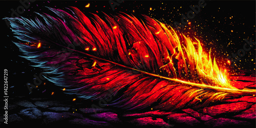 Stunning Vibrant Vector Illustration of Fiery Feather with Blue and Purple Colors Burning on Dark Abstract Background Ideal for Graphic Design Creative Projects
