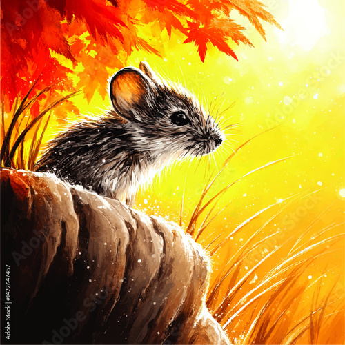 Detailed Vector Illustration of Cute Mouse on Rock with Autumn Leaves Vibrant Sunset Warm Colors Nature Wildlife Digital Art Sunny Meadow Natural Scene Background