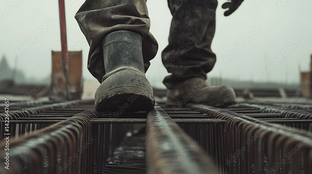 Construction Worker Walking on Reinforced Steel Bars