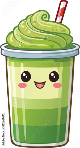 Adorable Kawaii Matcha Latte Illustration with Smiling Face and Striped Straw in a Clear Cup Over White Background Perfect for Cafe Decoration