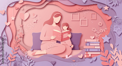Mother reading to daughter – Pastel paper cut style Mother’s Day illustration