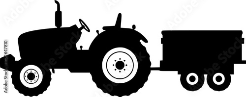 Farm tractor with trailer icon. Black silhouette. Side view. Vector 