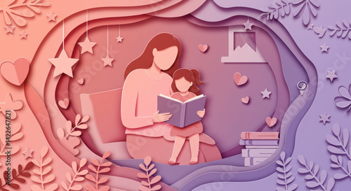 Mother reading to daughter – Pastel paper cut style Mother’s Day illustration