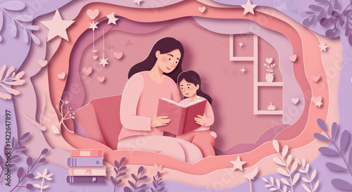 Mother reading to daughter – Pastel paper cut style Mother’s Day illustration