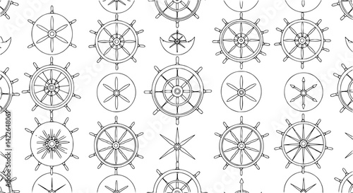 Black outline linear ship steering wheels isolated on white background. 