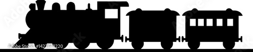 Steam locomotive with carriages icon. Black silhouette. Side view. Vector