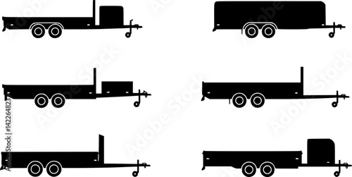 Car trailer icon set. Vector drawing. Black silhouette.