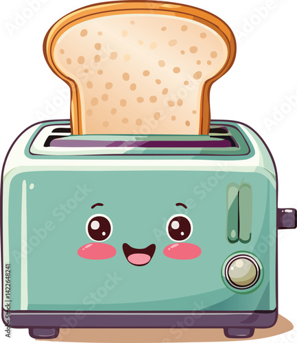 Kawaii Toaster with Toast Cartoon Pastel Colors Cheerful Kitchen Illustration Flat Design Style Perfect for Children's Illustration Book Decoration Design Element or Earth Day Projects