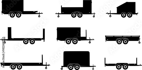 Car trailer icon set. Vector drawing. Black silhouette.