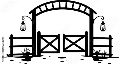 Fence and gate icon. Fencing. Black silhouette. vector Front view. 
