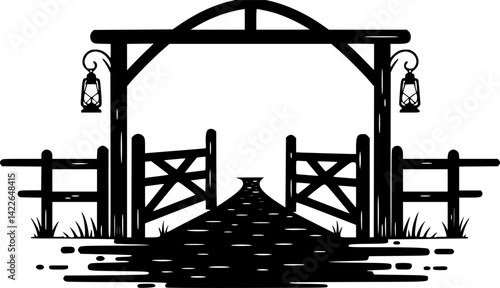 Fence and gate icon. Fencing. Black silhouette. vector Front view. 
