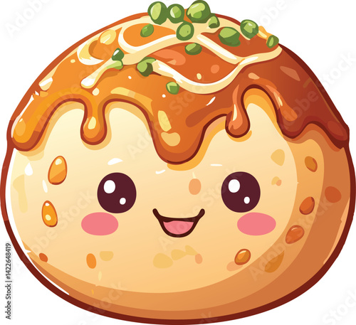 Smiling Cartoon Takoyaki Ball with Glossy Sauce and Green Garnish a Cute and Playful Food Mascot Illustration