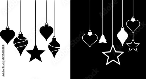 Hanging Christmas tree balls. Black silhouette. Horizontal front side view. Vector simple flat graphic illustration