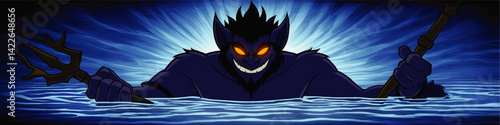 Dark Blue Fantasy Demon Creature with Glowing Orange Eyes Emerging from Ocean Water Holding Ancient Trident and Staffwith Menacing Grin Vector Illustration Background