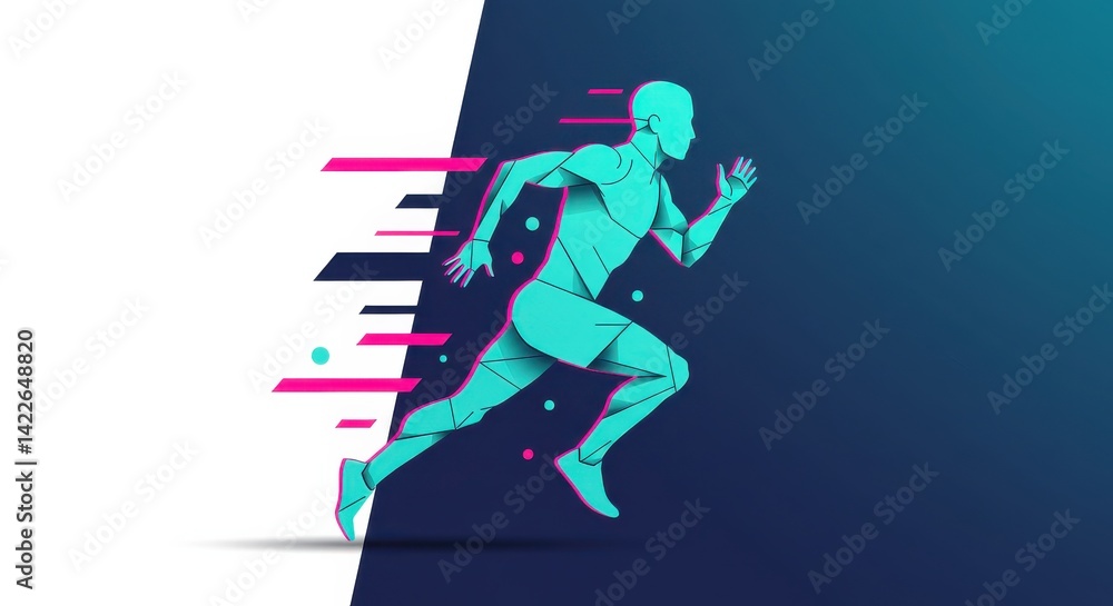Dynamic illustration of a runner in motion with geometric shapes and gradient background Dynamic illustration of a runner in motion with geometric shapes and gradient background