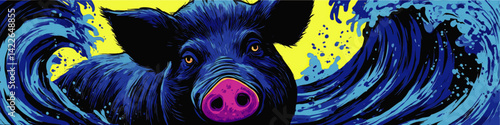 Vibrant Vector Illustration of Blue Pig with Pink Nose Amidst Splashing Ocean Waves Modern Graphic Animal Art Bold Colors Creative Abstract Design Digital Artwork