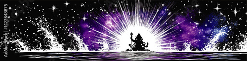 Mystical Silhouette of Hindu Deity Shiva Meditating on Cosmic Ocean with Stars Galaxy Purple Blue Universe Background Spiritual Enlightenment Vector Illustration