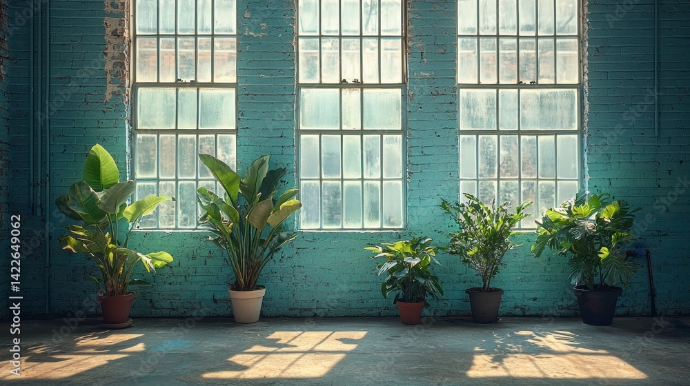 Lush Indoor Plants by Large Windows in a Bright Teal Room Creating a Vibrant and Inviting Atmosphere Lush Indoor Plants by Large Windows in a Bright Teal Room Creating a Vibrant and Inviting Atmosphere