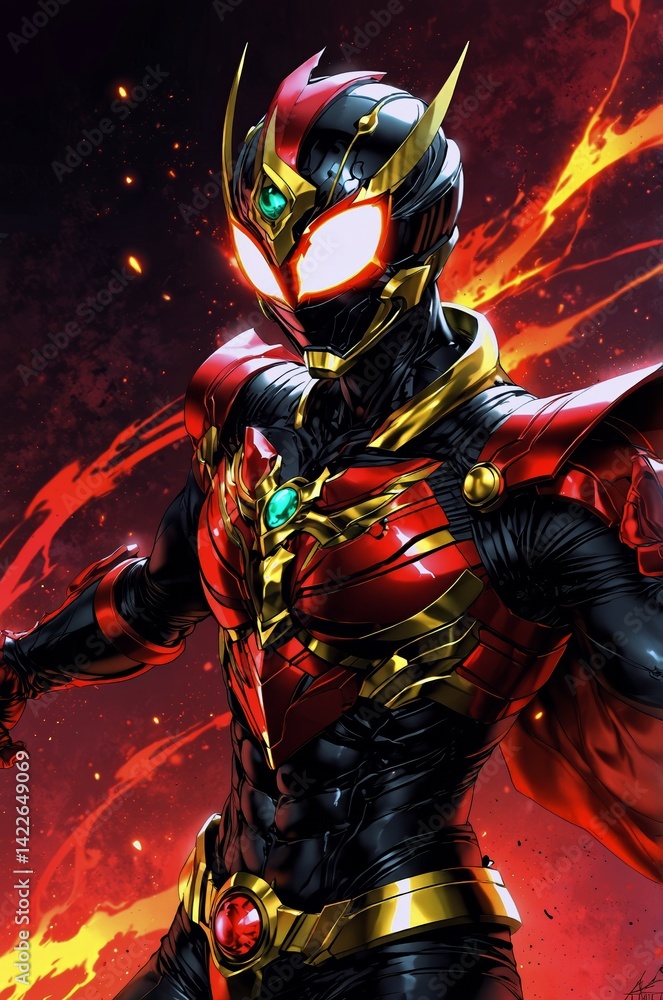 Fiery superhero with glowing eyes armored in red black and gold stands against a dramatic blazing background Fiery superhero with glowing eyes armored in red black and gold stands against a dramatic blazing background