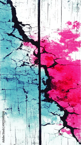 Abstract Artistic Vector Image Featuring Bright Vibrant Colors of Pink and Blue with Textured Cracks on Distressed Paint Surface Background for Modern Design Inspiration
