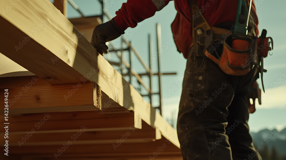 Construction Worker Installing Wooden Beams