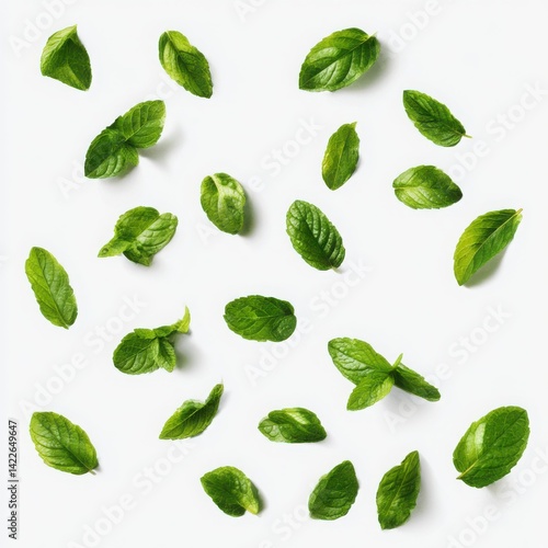 Mint leaves scattered randomly on white background