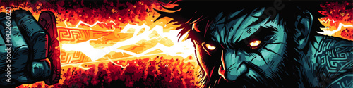 Fierce Warrior Holding Powerful Glowing Sword with Fiery Background and Intense Glowing Eyes Ancient Tribal Battle Fantasy Vector Illustration Digital Artwork Banner