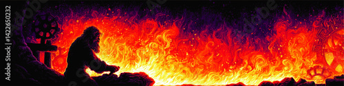 Detailed Vector Artwork of Ancient Blacksmith Forging Metal by Blazing Fire with Vibrant Flames and Fiery Colors Ideal for Fantasy and Mythology Illustration Projects