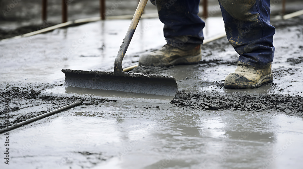 Concrete Worker Smoothing Wet Cement on Construction Site