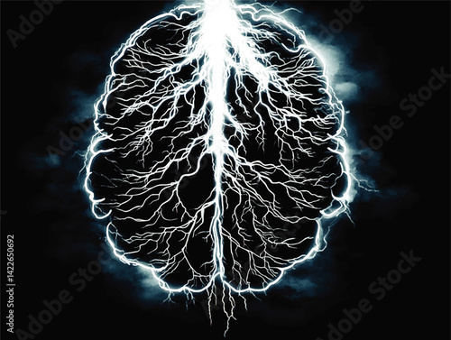 Electrifying Human Brain Vector Illustration in Blue Lightning Energy and Neural Activity on Dark Background Concept of Intelligence Technology Innovation and Neurology
