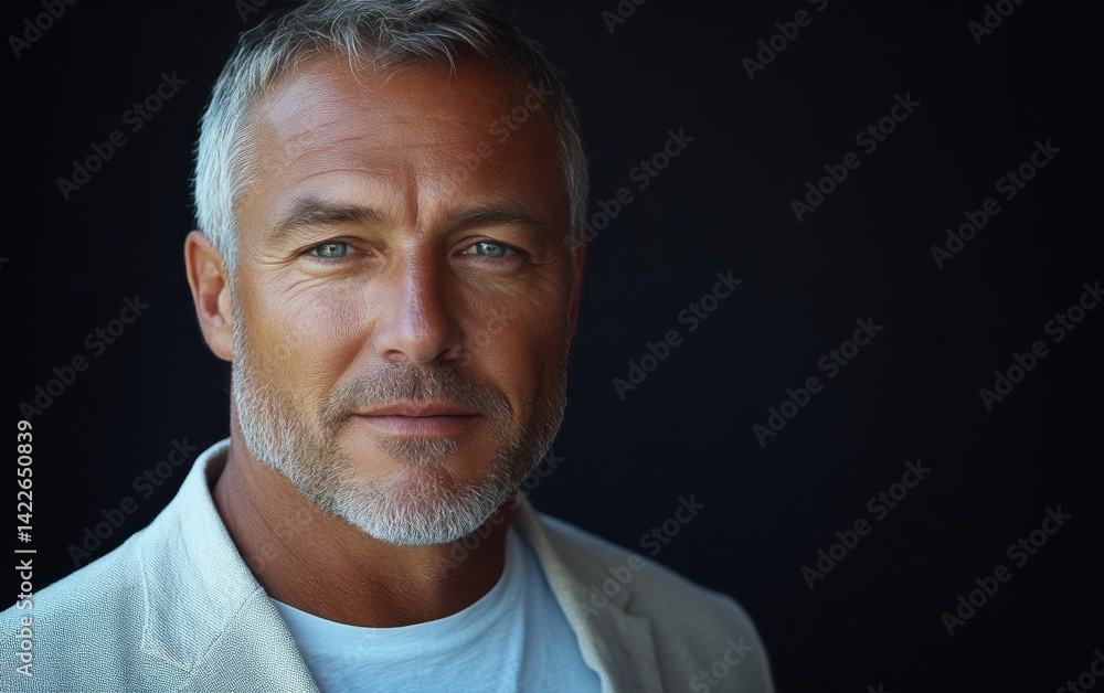 Obraz premium old vogue confident smiling man with short hair, wearing a light solid color blazer, standing against color background
