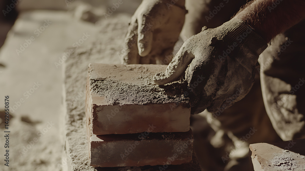 Bricklayer Laying Bricks with Cement
