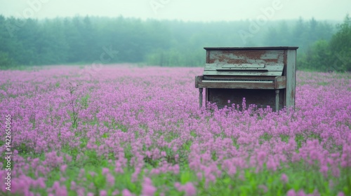 An abandoned piano is surrounded by a lush field of blooming purple flowers, shrouded in morning mist, creating a serene atmosphere
