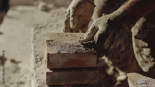Obraz na płótnie Bricklayer Laying Bricks with Cement w salonie