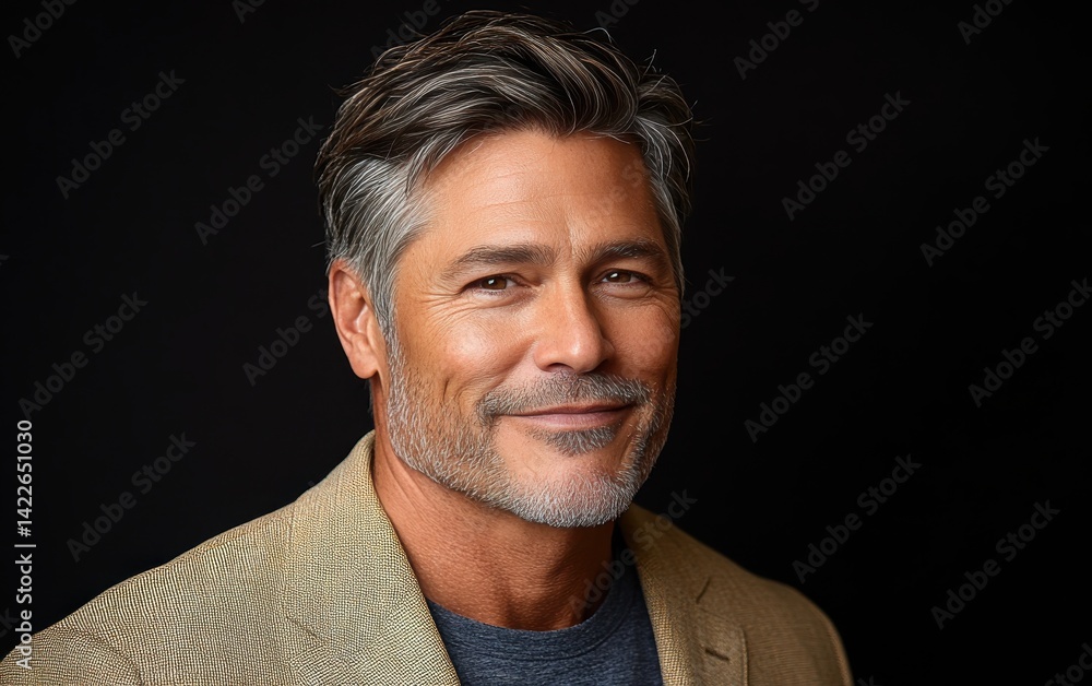 Obraz premium old vogue confident smiling man with short hair, wearing a light solid color blazer, standing against color background