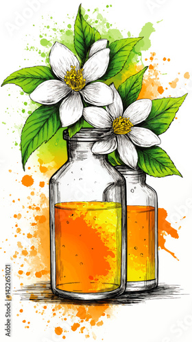 Beautiful Vector Illustration of White Jasmine Flowers with Green Leaves and Amber Essential Oil in Glass Bottles Artistic Spa Aromatherapy Background Design Concept