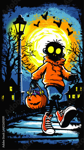 Spooky Halloween Vector Art Illustration Featuring Zombie Child Trick or Treating with Pumpkin Basket Under Full Moon Haunted Street and Bats Flying in Night Sky Scene